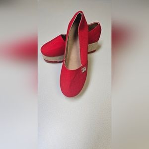 Women red high wegde shoes size 8.
